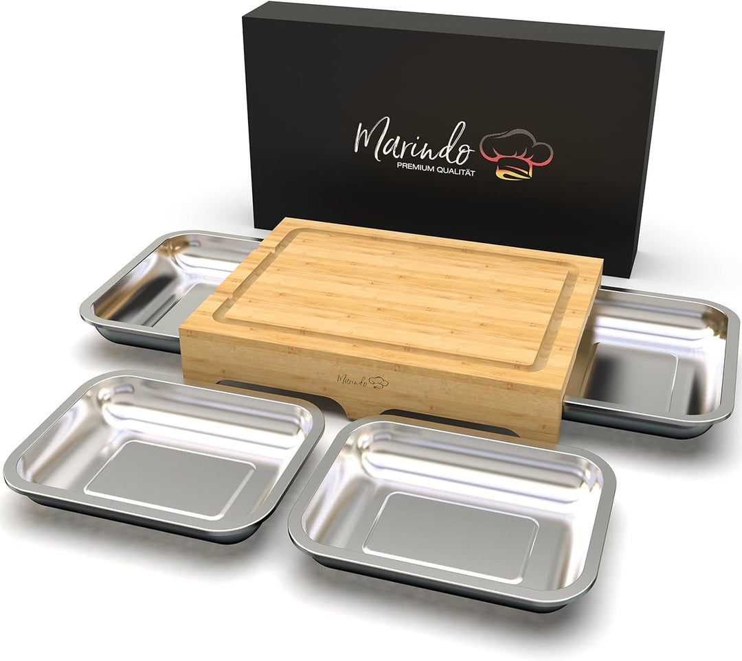 MARINDO Schneidebrett mit 4x Auffangschalen inkl. Saftrille | Schneidbrett aus Bambus | Auffangwanne
