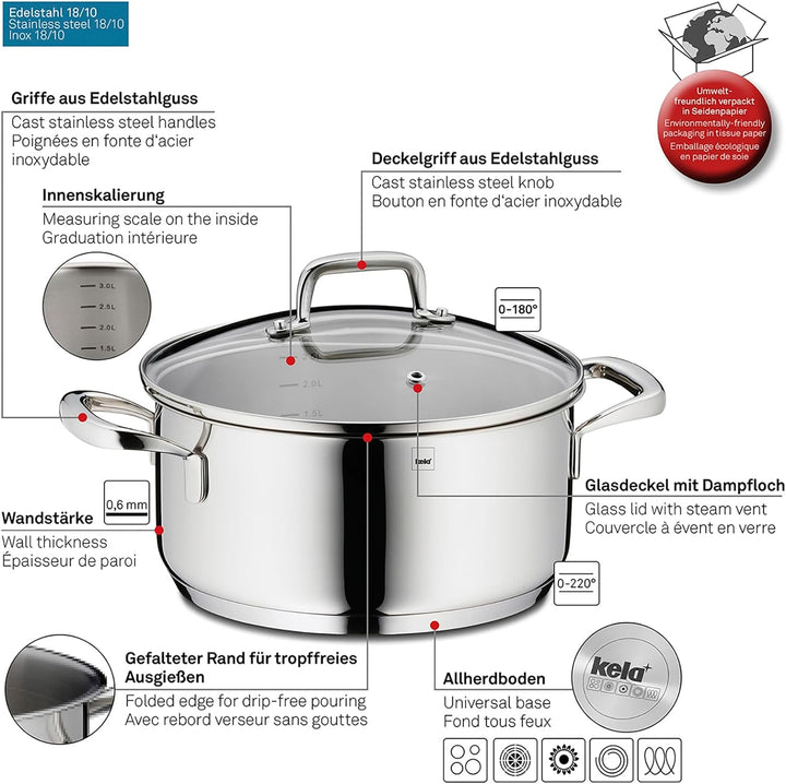 Kela 10172 Flavoria Bratentopf, 18/8 Stainless Steel, 2.4 liters 2,4 l, 2,4 l