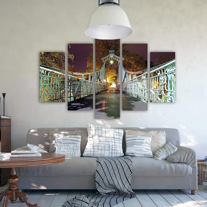 Feeby Wanddeko XXL Brücke Leinwandbild 5 Teilig Architektur Abend Lichter grün 100x70 cm Leinwandbil