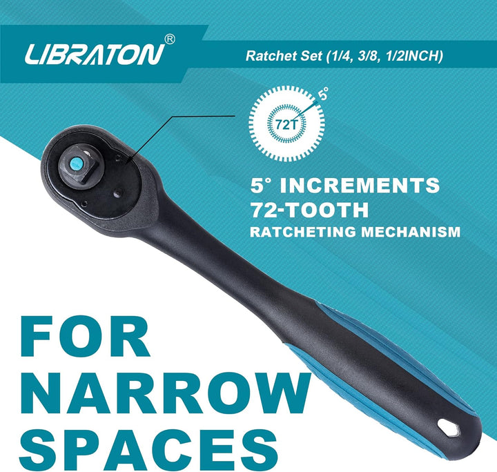 LIBRATON Umschaltknarre Antrieb, 72 Zähne Ratschengriff mit Schnellspanner, 3 TLG 1/4" 3/8" 1/2" Rat