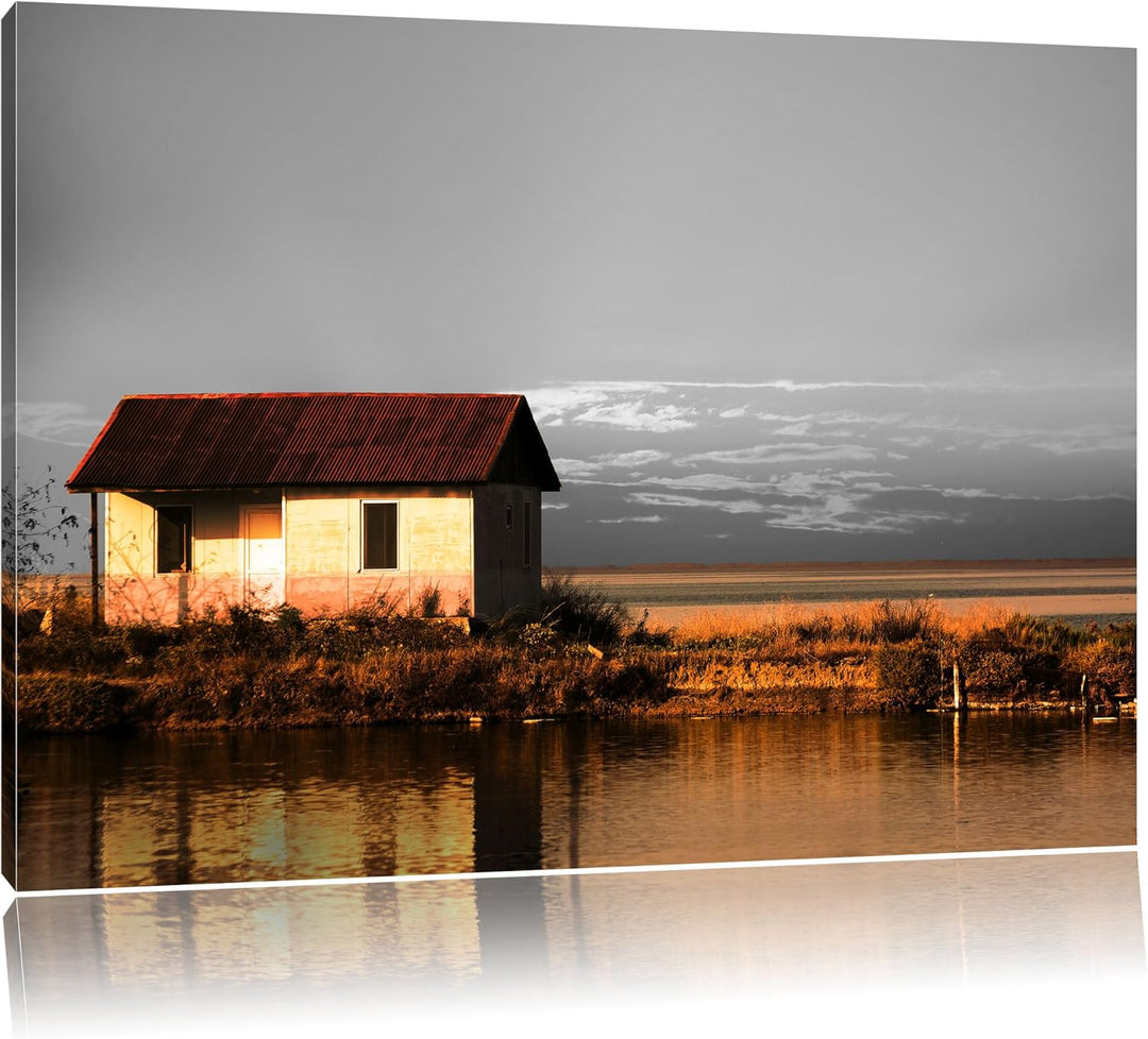 Pixxprint Haus am See bei Sonnenuntergang als Leinwandbild/Grösse: 100x70 cm/Wandbild/Kunstdruck/fer