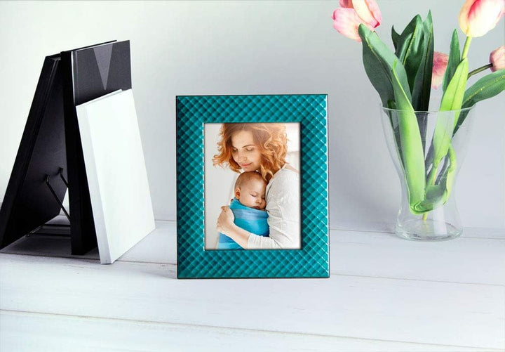 Mareli Bilderrahmen für den Tisch, Emailliertes Metall mit Geflecht Typ Netz, türkis, Adatta a Foto
