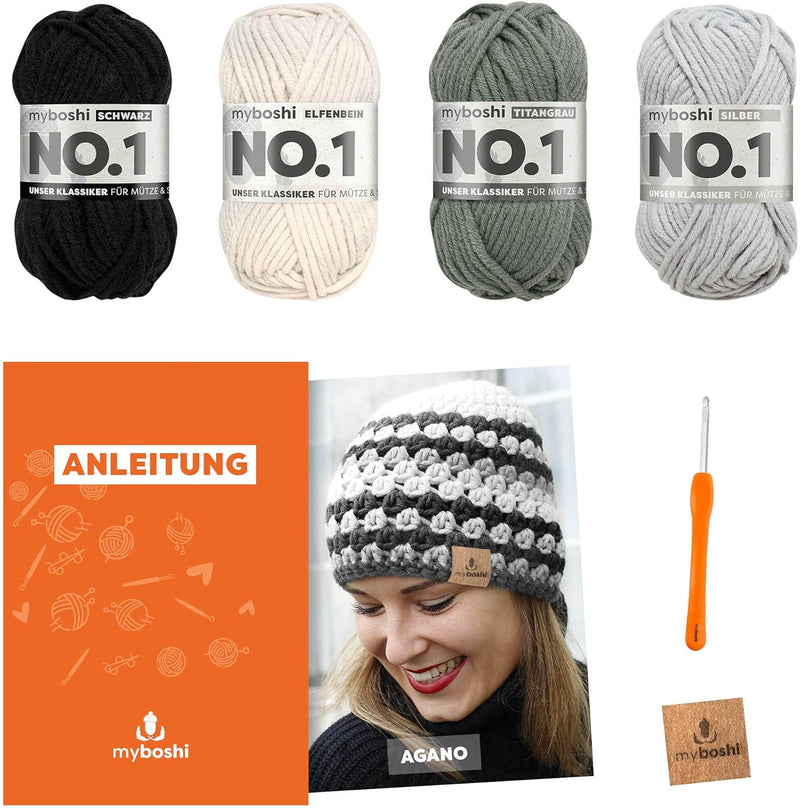 myboshi Häkelset Mütze Agano, inkl. No.1 Wolle, Nadel und Anleitung, für Mützen und Schals, Häkelpak