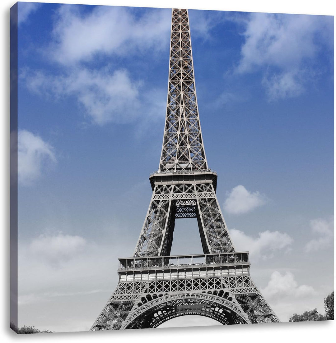Pixxprint Eifelturm mit blauem Himmel Paris schwarz/weiss, Format: 70x70 auf Leinwand, 70x70