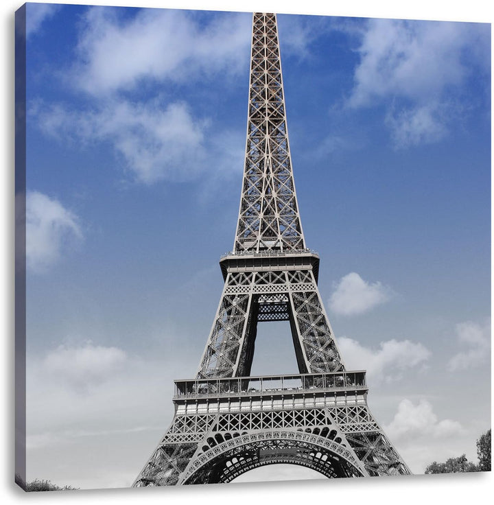 Pixxprint Eifelturm mit blauem Himmel Paris schwarz/weiss, Format: 70x70 auf Leinwand, 70x70