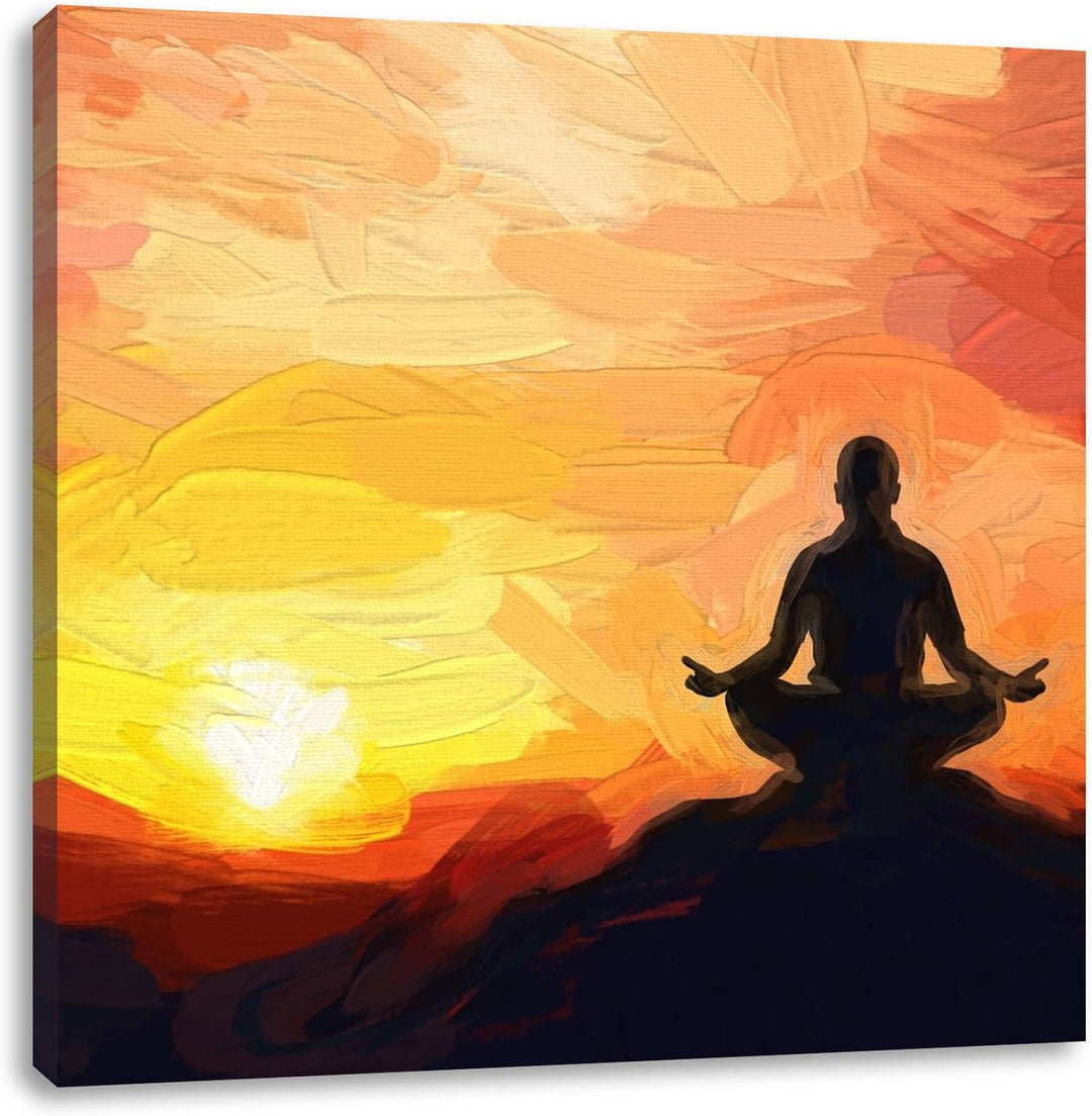 Pixxprint meditierender Mönch im Sonnenuntergang, Format: 70x70 auf Leinwand, 70x70