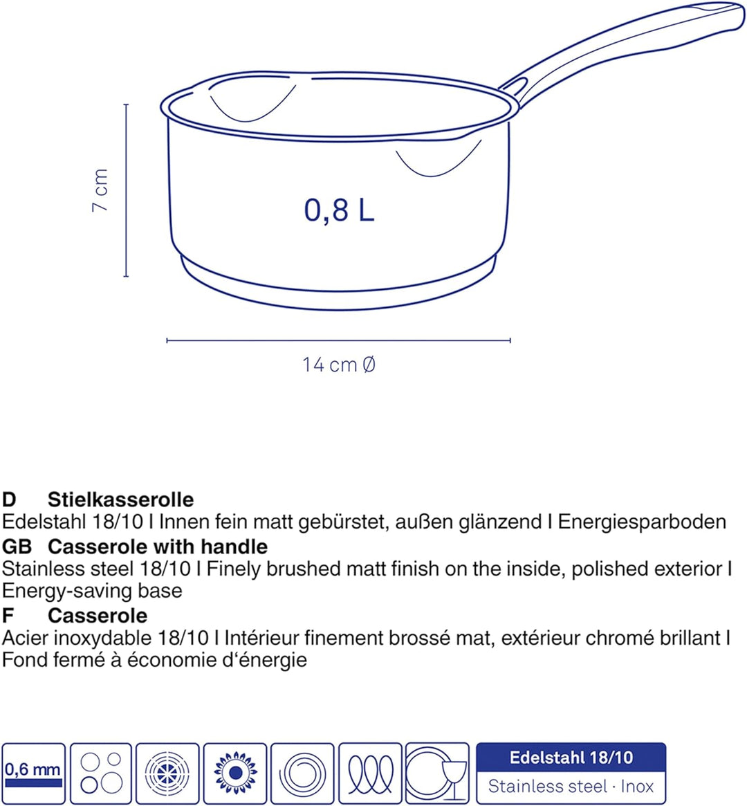 Kela 10180 Flavoria Stielkasserolle, 18/8 Stainless Steel, Silber 0,8 l, 0,8 l