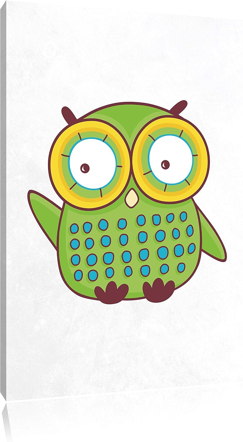 Pixxprint Lustige grüne Eule winkend weiss, Format: 70x100 auf hochkantiges Leinwandbild, XXL riesig