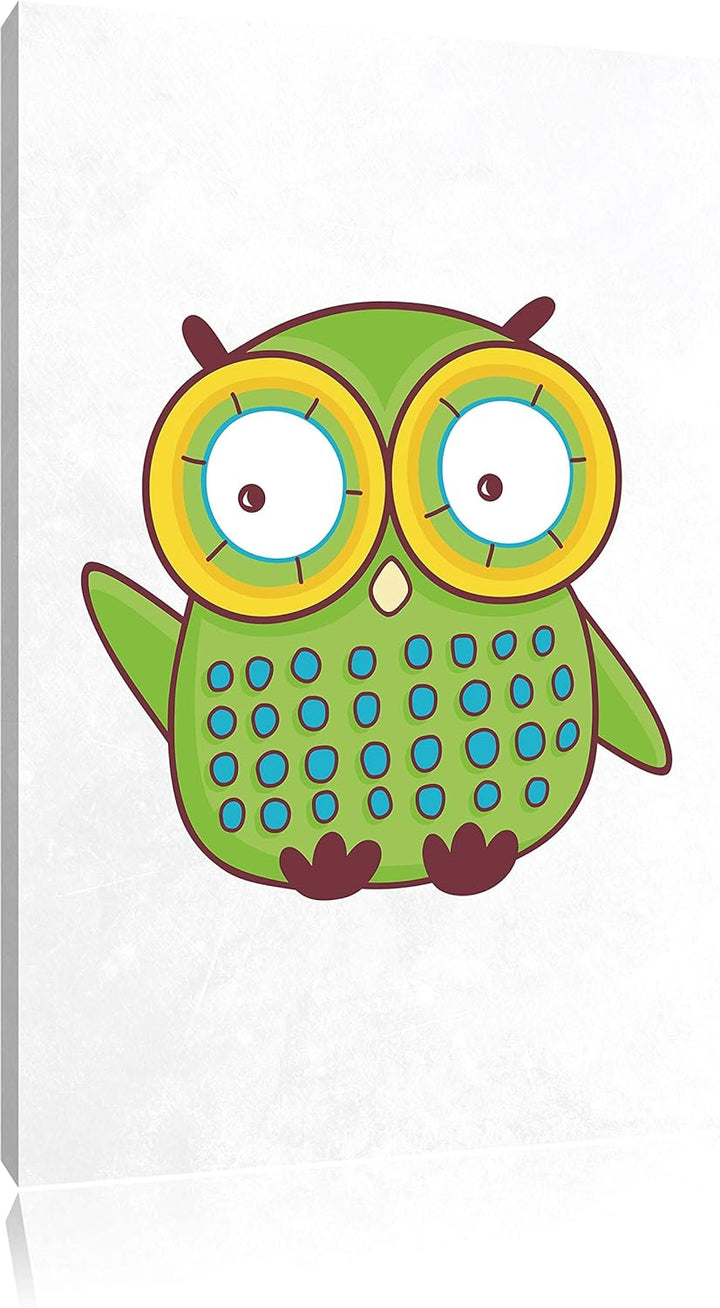 Pixxprint Lustige grüne Eule winkend weiss, Format: 70x100 auf hochkantiges Leinwandbild, XXL riesig
