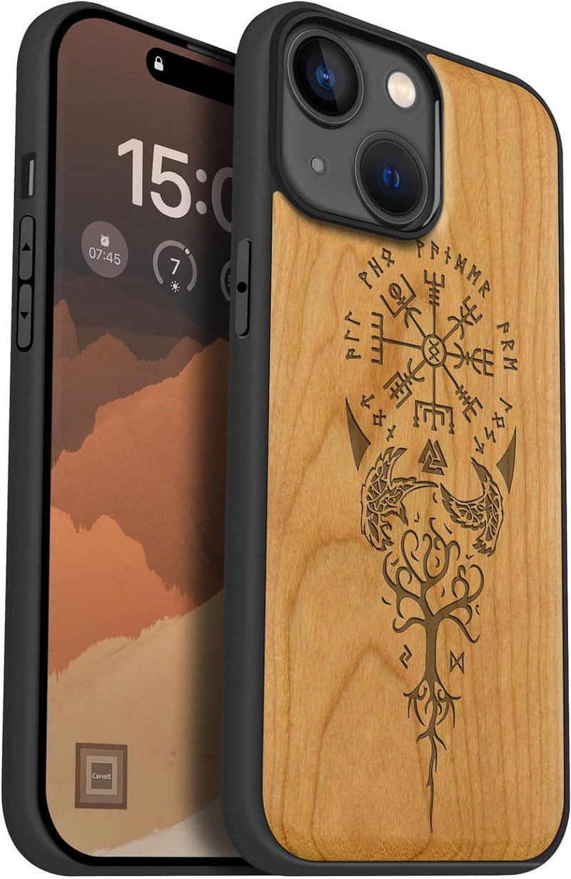 Carveit Holz Cover für iPhone 15 hülle, Kompatibel mit Magsafe Silikon Stossfeste Cover, Magnetisch