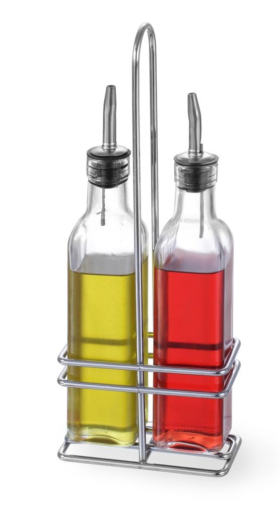 HENDI Menage Essig und Öl, Gestell aus verchromten Stahl, 2 Öl-/Essig Flaschen aus Glas mit Edelstah