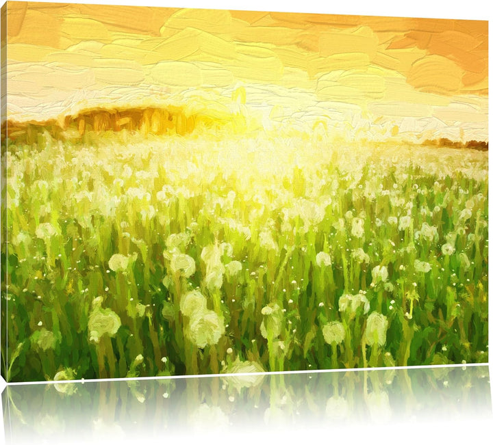 Pixxprint Pusteblumenwiese bei Sonnenuntergang Pinsel Effekt, Format: 100x70 auf Leinwand, 100x70