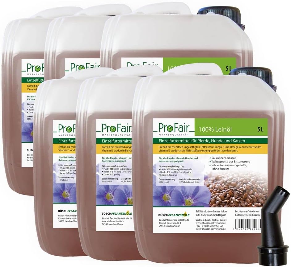 30 Liter ProFair Leinöl (6 x 5 Liter Kanister) kaltgepresst, 100% aus Reiner Leinsaat, ohne Zusätze,