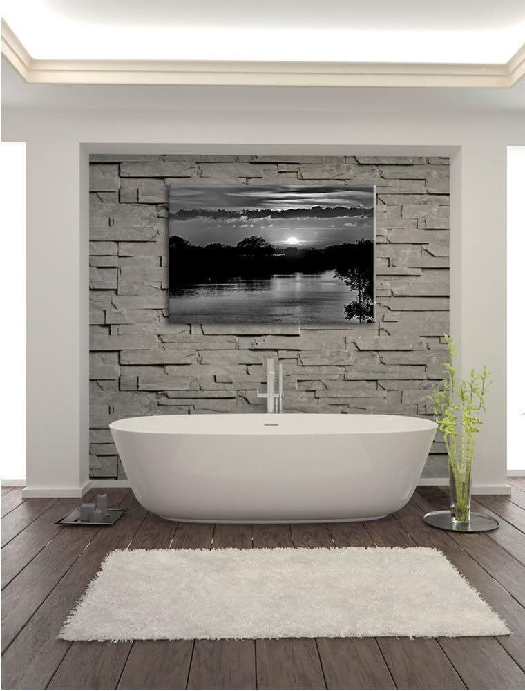 Pixxprint Monocrome, romantischer Sonnenuntergang über Fluss, Format: 100x70 auf Leinwand, XXL riesi