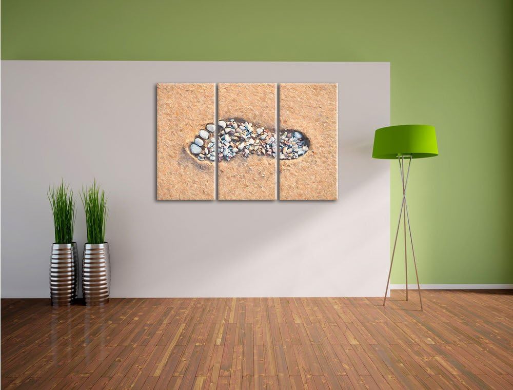 Pixxprint Fussabdruck im Sand Pinsel Effekt 3-Teiler Leinwandbild 120x80 Bild auf Leinwand