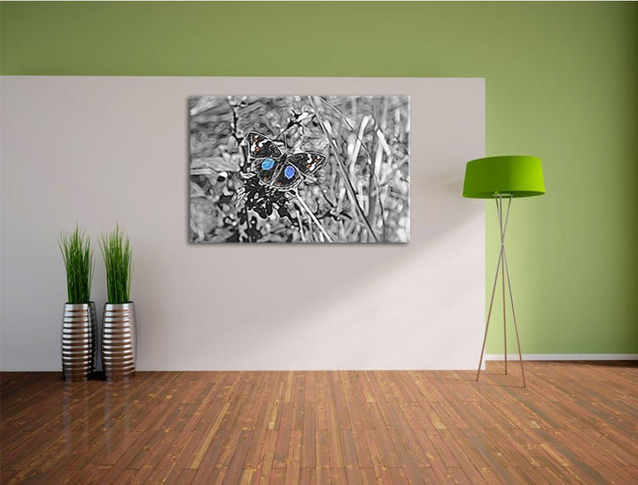 aussergewöhnlicher Schmetterling auf Grashalm schwarz/weiss Deluxe Format: 100x70 cm auf Leinwand, X