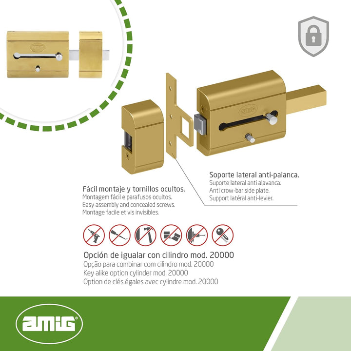 Amig - Hohe Sicherheit Klappschloss für Holztüren | Mod. 15 PLUS | 98 x 77 mm | mit rundem Sicherhei
