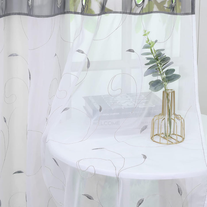 ESLIR Gardinen mit Ösen Vorhänge Transparent Wohnzimmer Ösenschal Modern Bestickt Voile Grau BxH BxH