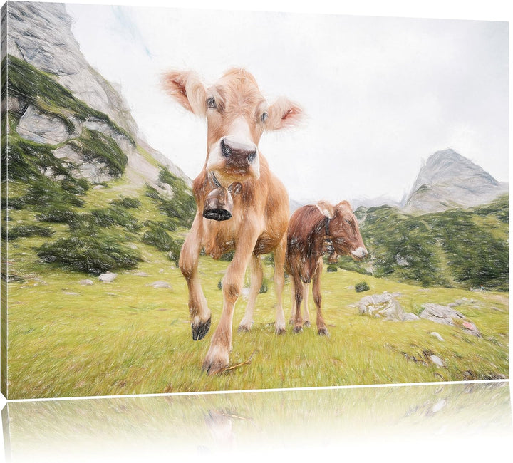 Pixxprint Almkuh auf der Weide als Leinwandbild/Grösse: 100x70 / Wandbild/Kunstdruck/fertig bespannt