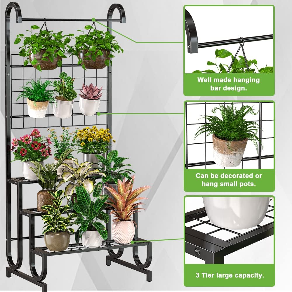 Bomclap Pflanzenregal mit Rankgitter, 3 Ebenen Blumenregal Pflanzenständer aus Metall, Heavy duty Bl