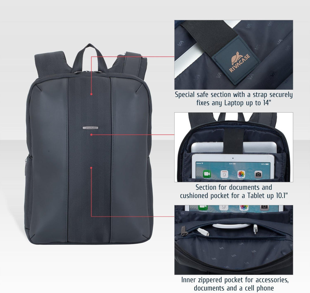 RIVACASE leichter Laptop Rucksack bis 14 Zoll – Stadtrucksack aus Polyester und Kunstleder mit extra