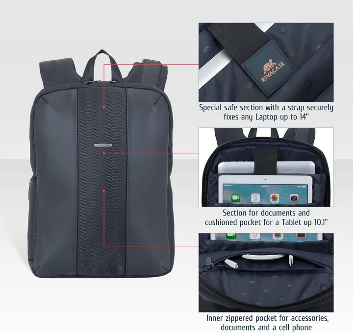 RIVACASE leichter Laptop Rucksack bis 14 Zoll – Stadtrucksack aus Polyester und Kunstleder mit extra