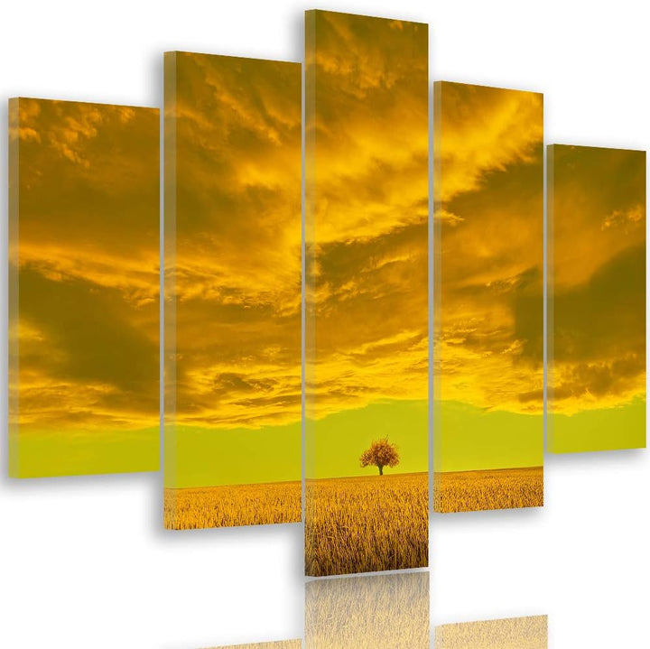 Feeby Bilder Abstrakt 300x140 cm - Leinwandbild 5 Teilig XXL Kunstdruck Wiese Wolke orange Leinwandb