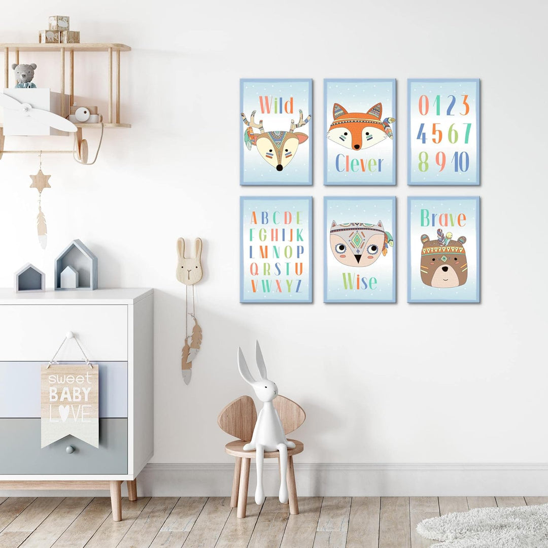 Novart Wandbilder Set - KOMPLETT AUFHÄNGFERTIG - Made in Germany - Moderne Bilder Indianer Tiere Kin
