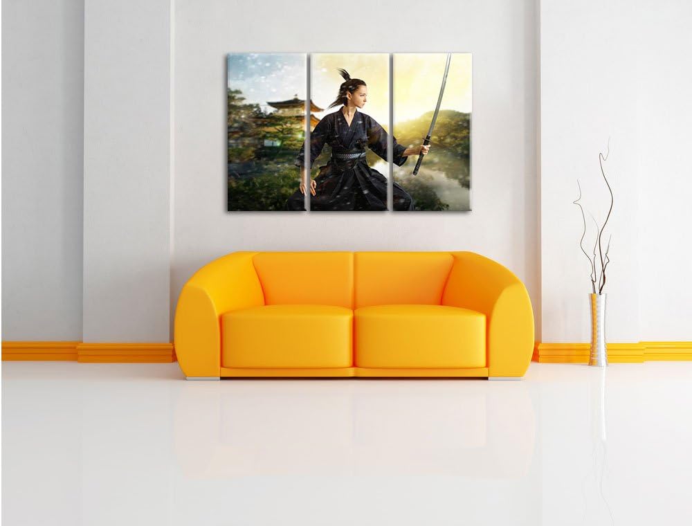 Pixxprint Samurai-Kriegerin Schnee / 3-Teilig/Gesamtmass 120cm Leinwandbild bespannt auf Holzrahmen/