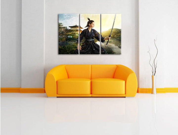Pixxprint Samurai-Kriegerin Schnee / 3-Teilig/Gesamtmass 120cm Leinwandbild bespannt auf Holzrahmen/
