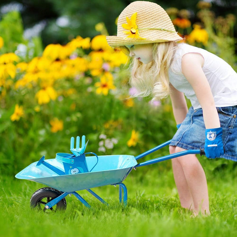 Colwelt Kinder Schubkarre Set Metall, 5-teilig, Metall Kinderschubkarre für den Garten mit Schaufel,
