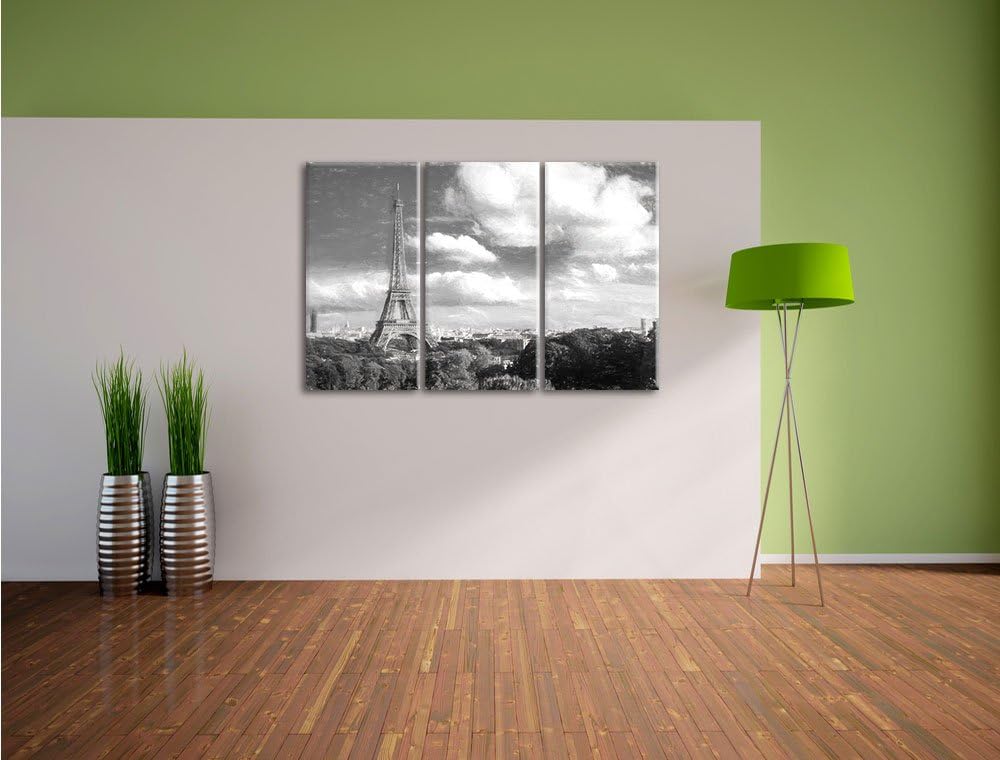 Pixxprint Riesiger Eiffelturm in Paris Kohle Zeichnung Effekt 3-Teiler Leinwandbild 120x80 Bild auf