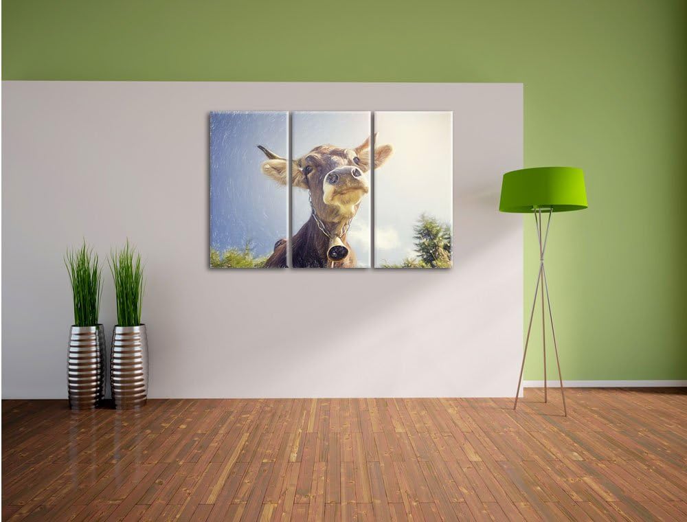 Pixxprint Lustiges Portrait Einer Kuh als Leinwandbild | Grösse: 3 Teilig (120x80) | Wandbild| Kunst