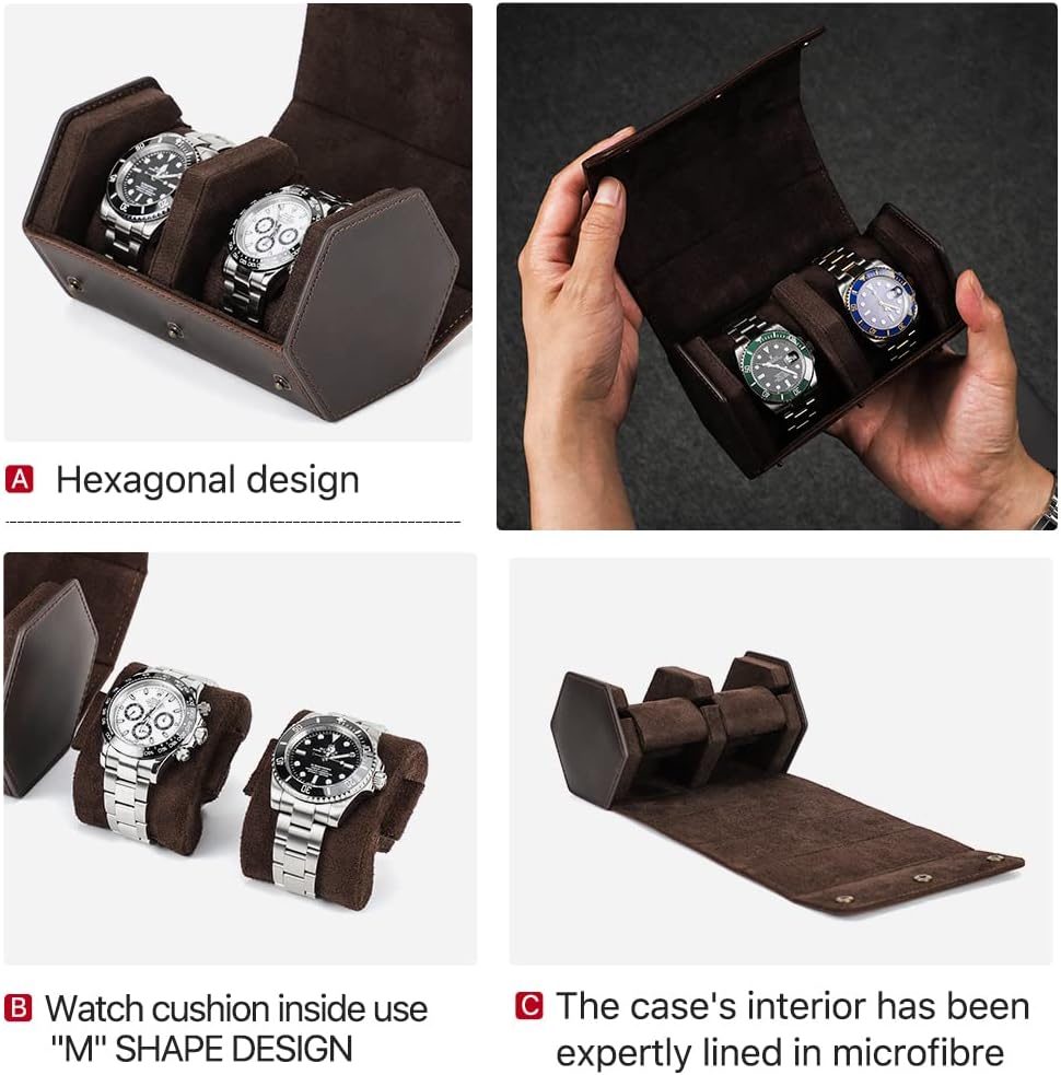 Hiram Uhrenetui aus echtem Leder, sechseckig, für 2 Uhren 1154-Kaffee, 1154-Kaffee