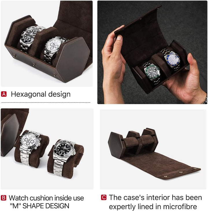 Hiram Uhrenetui aus echtem Leder, sechseckig, für 2 Uhren 1154-Kaffee, 1154-Kaffee
