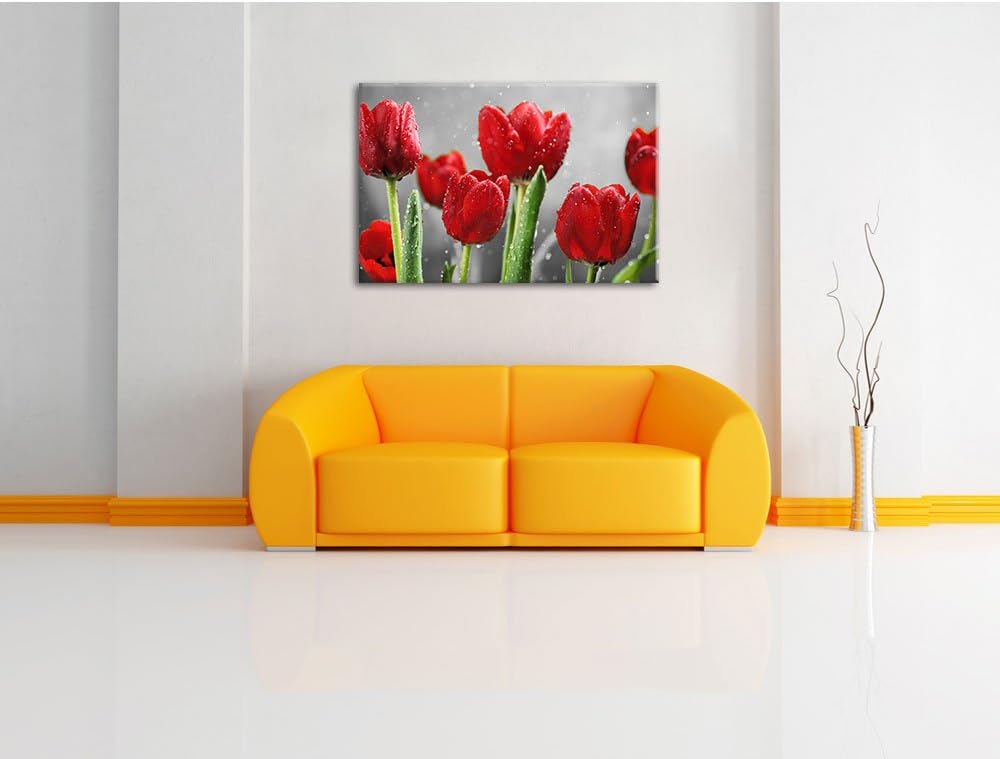 Pixxprint Rote Tulpen mit Tropfen bedeckt als Leinwandbild/Grösse: 100x70 cm/Wandbild/Kunstdruck/fer
