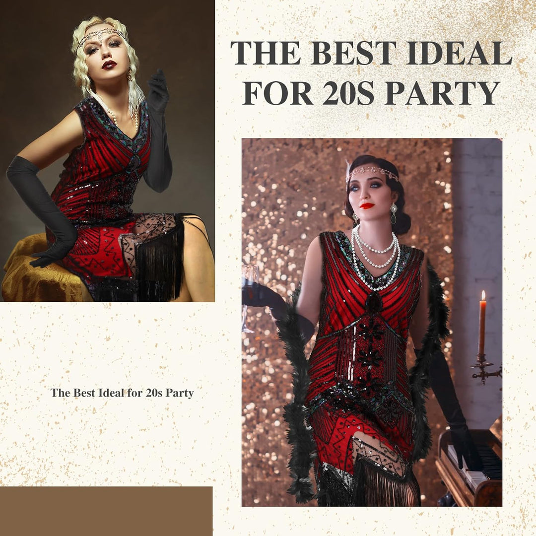 Blulu 9 Stück 1920er Jahre Damen Flapper Kleid Kostüm Set V Ausschnitt Pailletten Perlen Swing Frans