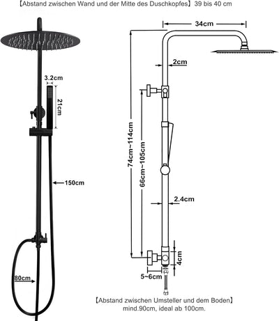 JOHO 304 Edelstahl Duschsystem ohne Armatur, Matt Schwarz Regendusche Duschset mit Wandhalterung, Du
