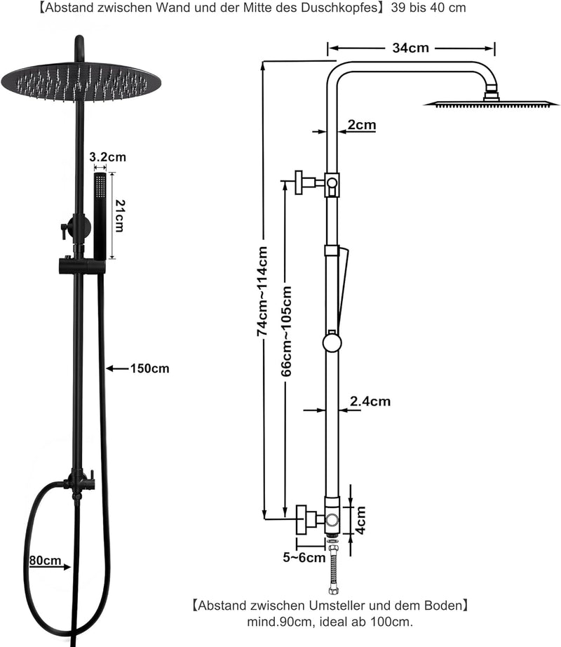 JOHO 304 Edelstahl Duschsystem ohne Armatur, Matt Schwarz Regendusche Duschset mit Wandhalterung, Du