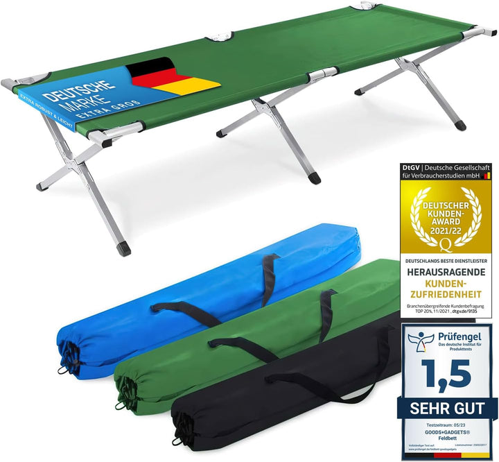 GOODS+GADGETS Faltbares Army Feldbett aus Aluminium - klappbares Campingbett & Gästebett Grün, Grün