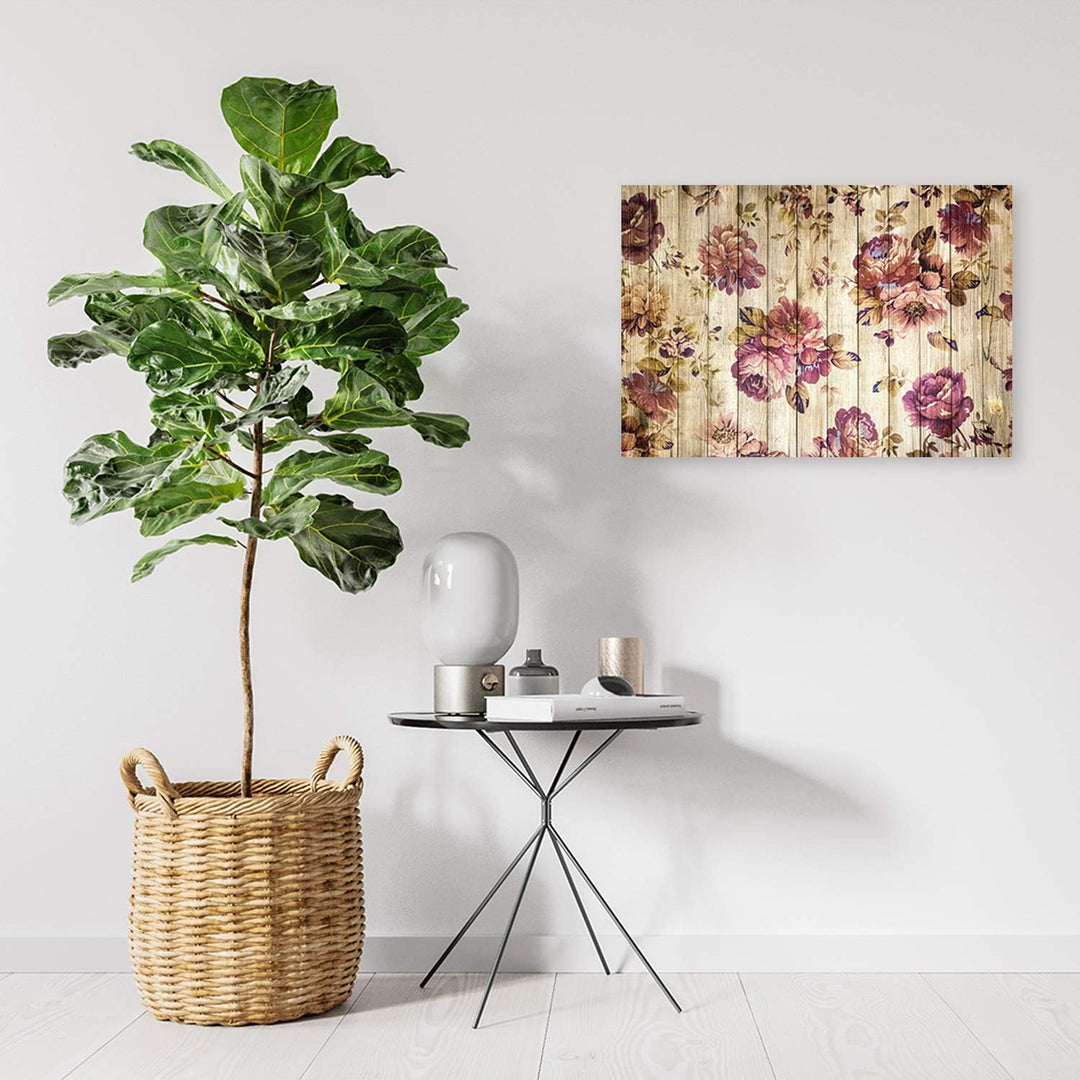 Feeby Vlies Leinwandbild Blumen Holzmuster 120x80 cm Druckbild Wandbild Wanddekoration Deko Wand Aes