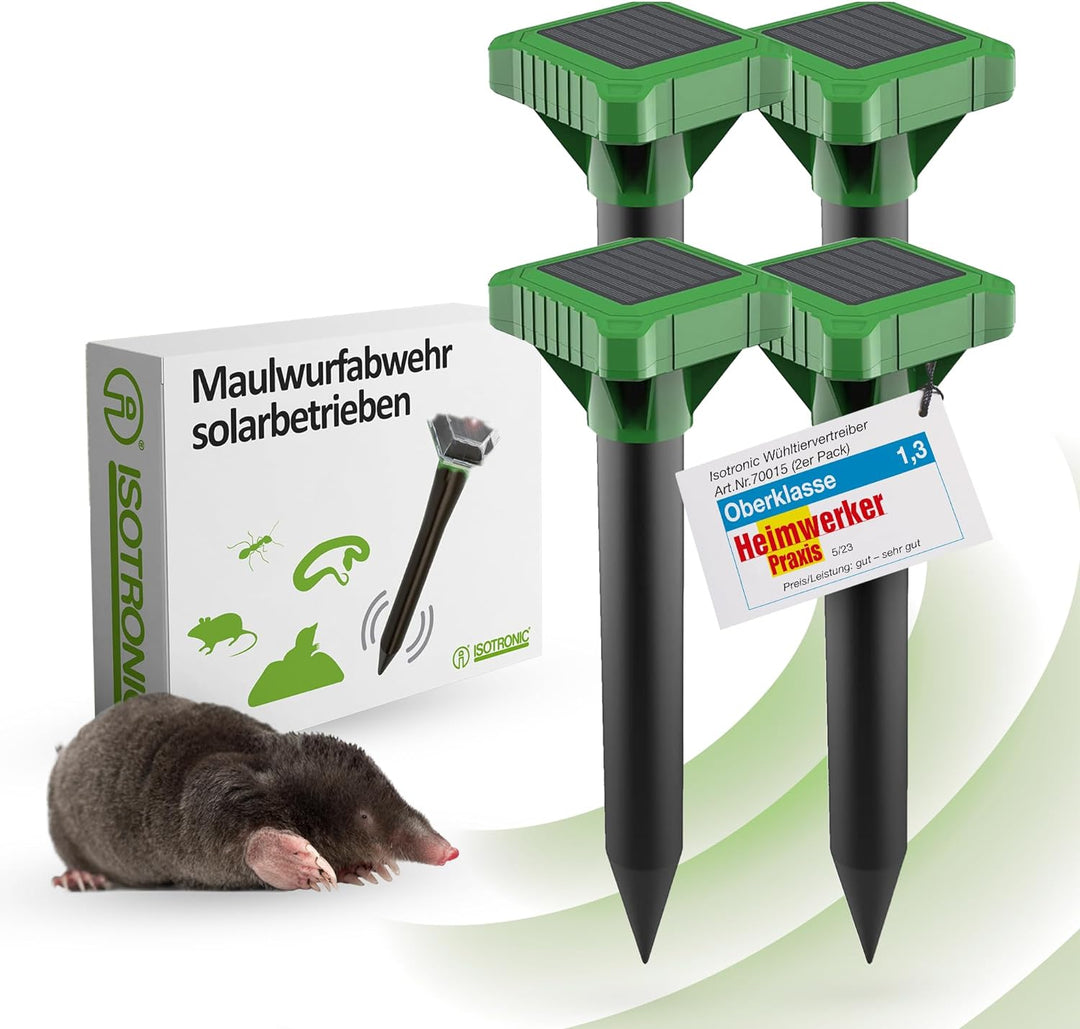 ISOTRONIC Maulwurfvertreiber Solar 4er Set I Maulwurfschreck für den Garten I Maulwurfabwehr, Wühlma