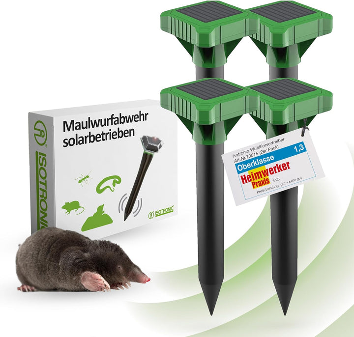 ISOTRONIC Maulwurfvertreiber Solar 4er Set I Maulwurfschreck für den Garten I Maulwurfabwehr, Wühlma