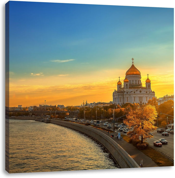 Sonnenuntergang in Moskau, Format: 70x70 auf Leinwand, XXL riesige Bilder fertig gerahmt mit Keilrah