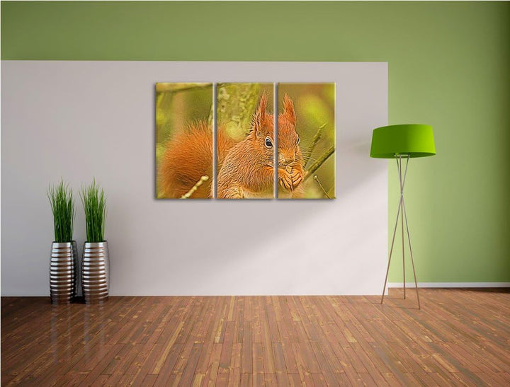 Kleines Eichhörnchen 3 Teilig, Gesamtgrösse 120x80 cm auf Leinwand, XXL riesige Bilder fertig gerahm