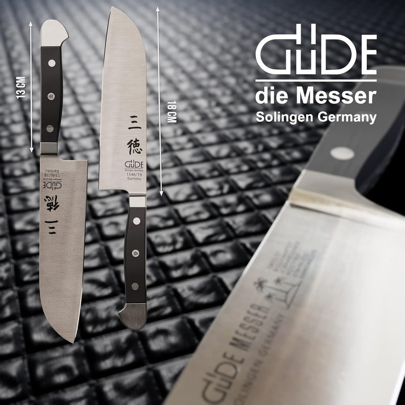 GÜDE Solingen - Santoku geschmiedet, 18 cm, POM schwarz, ALPHA, Doppelkropf, Handmade Germany POM 18