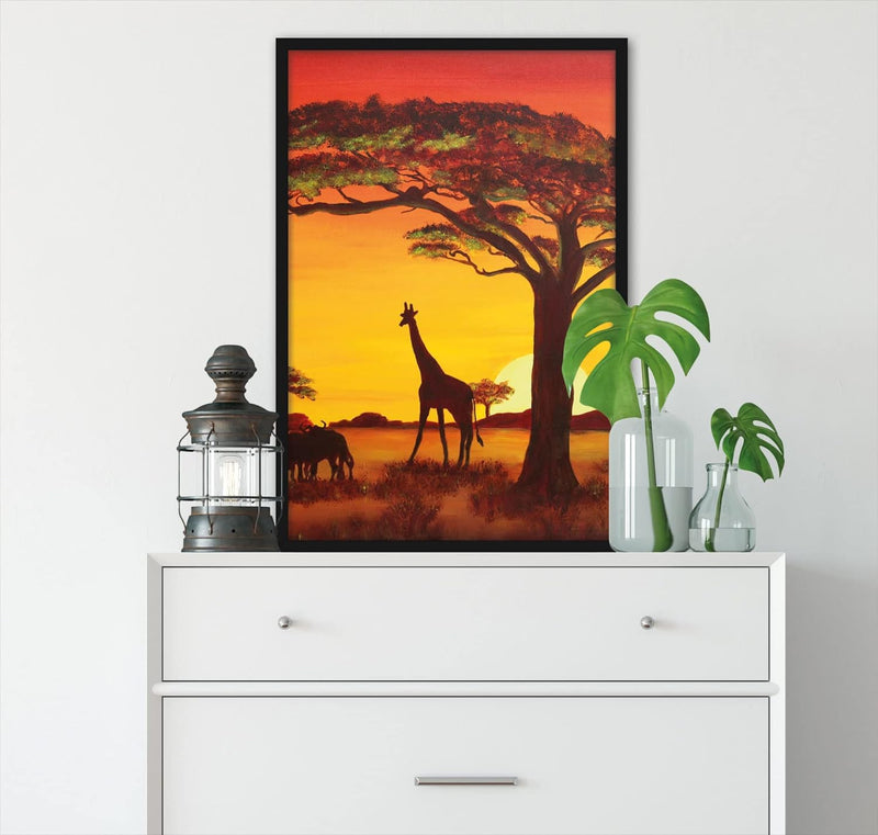 Generisch Savanne mit Wildtieren, Poster im Bilderrahmen / Format: 100x70cm / Kunstdruck gerahmt, 10