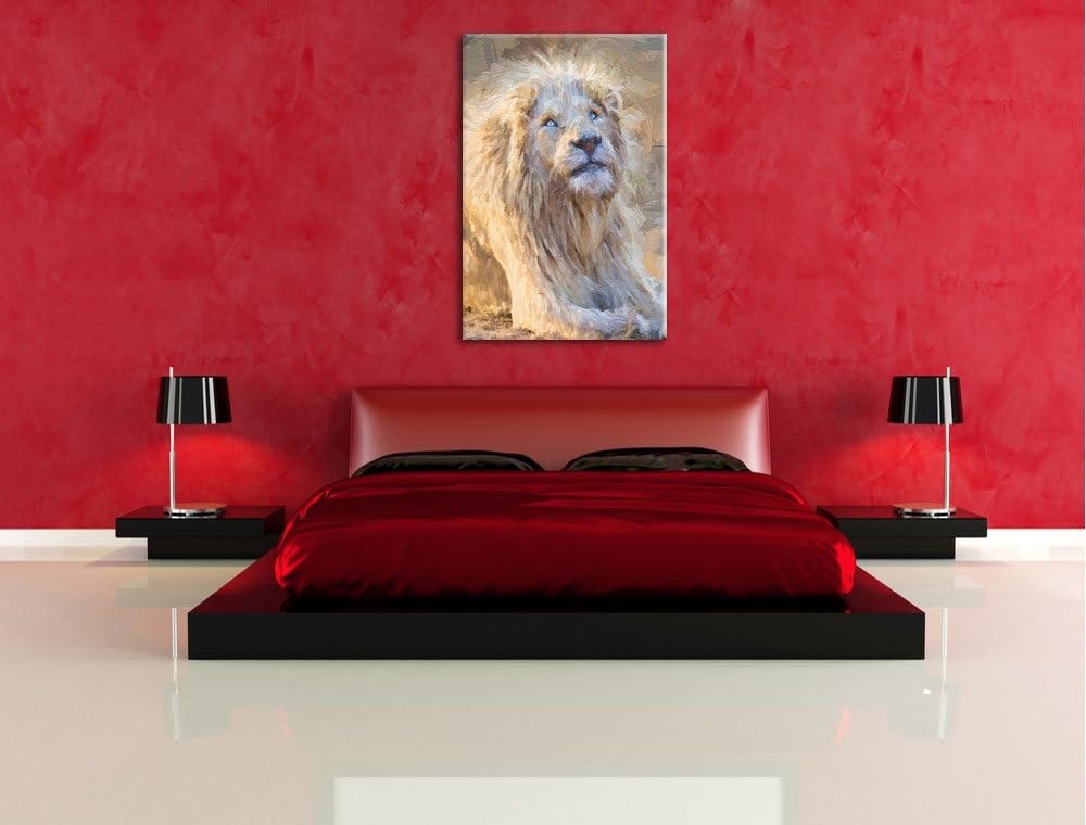 anmutiger weisser Löwe Deluxe Format: 100x70 cm auf Leinwand, XXL riesige Bilder fertig gerahmt mit