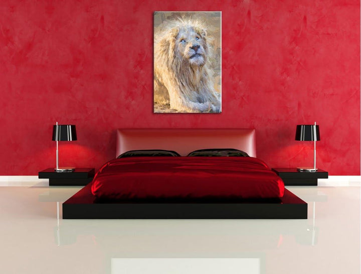 anmutiger weisser Löwe Deluxe Format: 100x70 cm auf Leinwand, XXL riesige Bilder fertig gerahmt mit