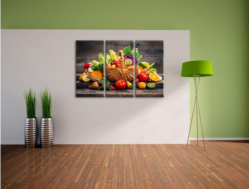Pixxprint Frisches Obst und Gemüse im Korb als Leinwandbild 3 teilig/Grösse: 3 Teilig (120x80) / Wan